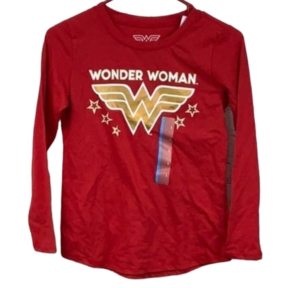 NWT Wonder Woman Girls L (10/12) Red Long Sleeve Graphic T-Shirt Gold Foil Print